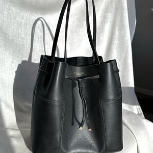 Tory Burch Black Leather Bucket Tote with Drawstring